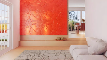 living room design red feature wall 3d wall covering gypsum large flower floral pattern