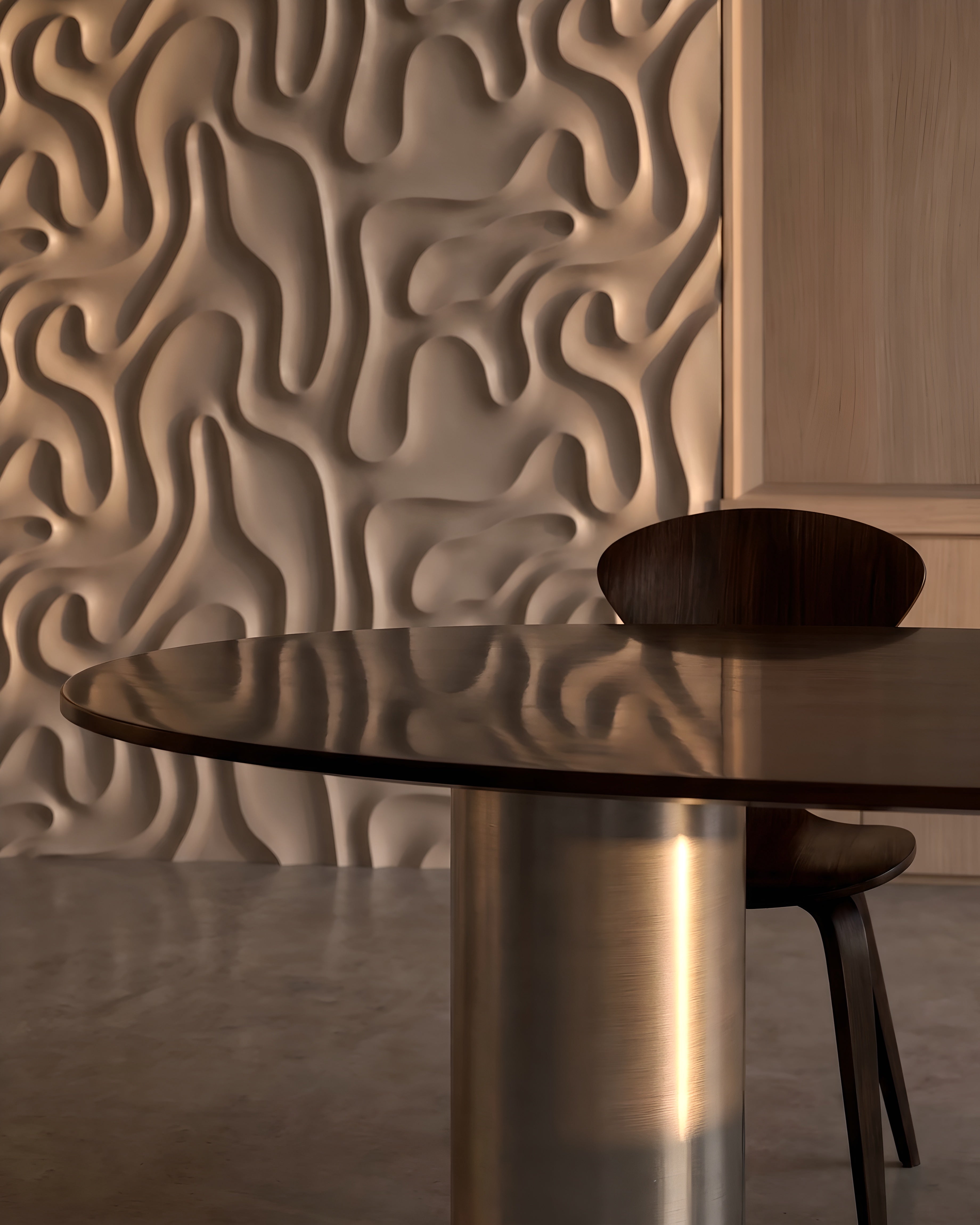 MYSTIC 0136 gypsum 3D wall panel wall reflected in a dark oval dining table