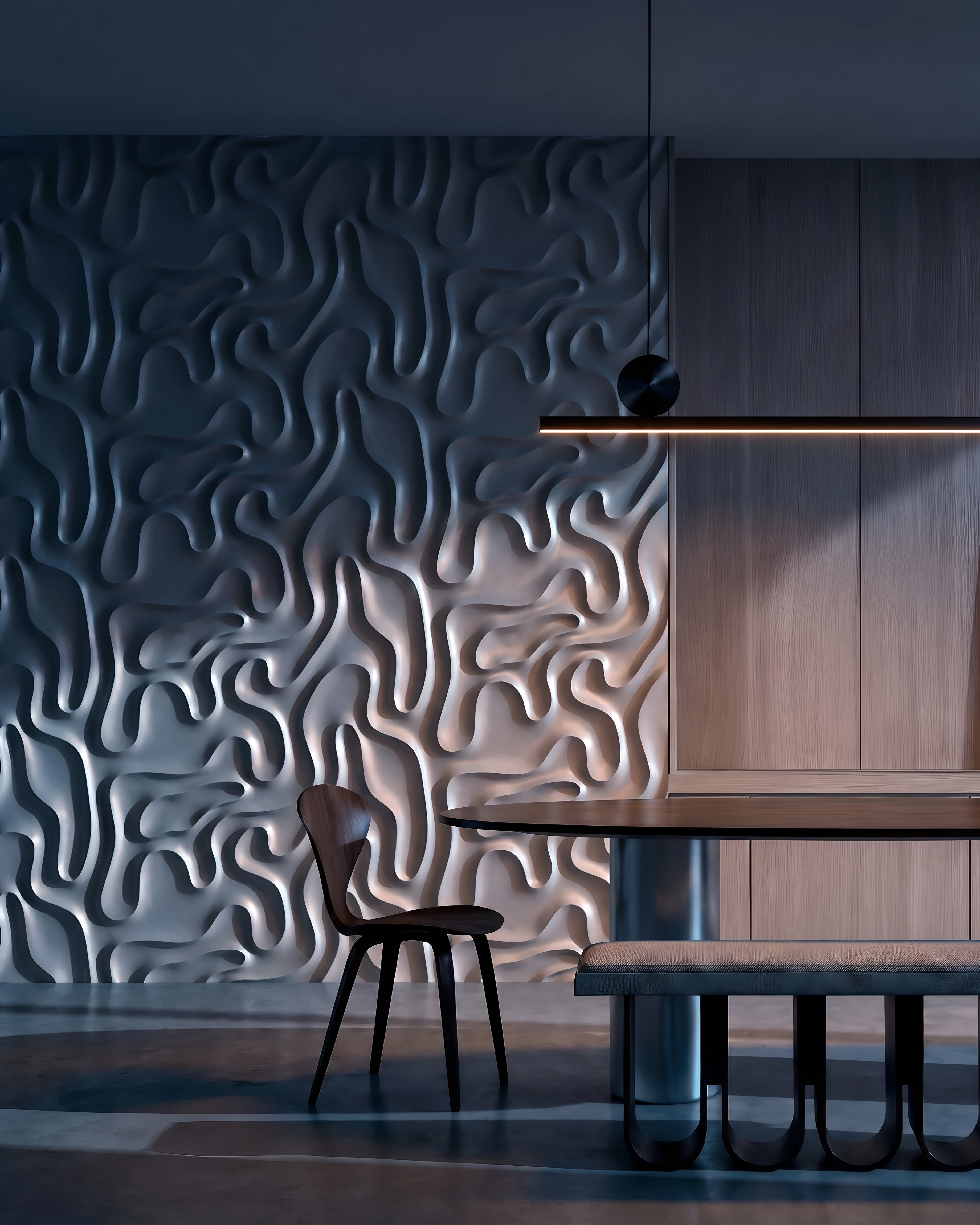 MYSTIC 0136 gypsum 3D wall panels in a dining room at dusk with linear pendant light