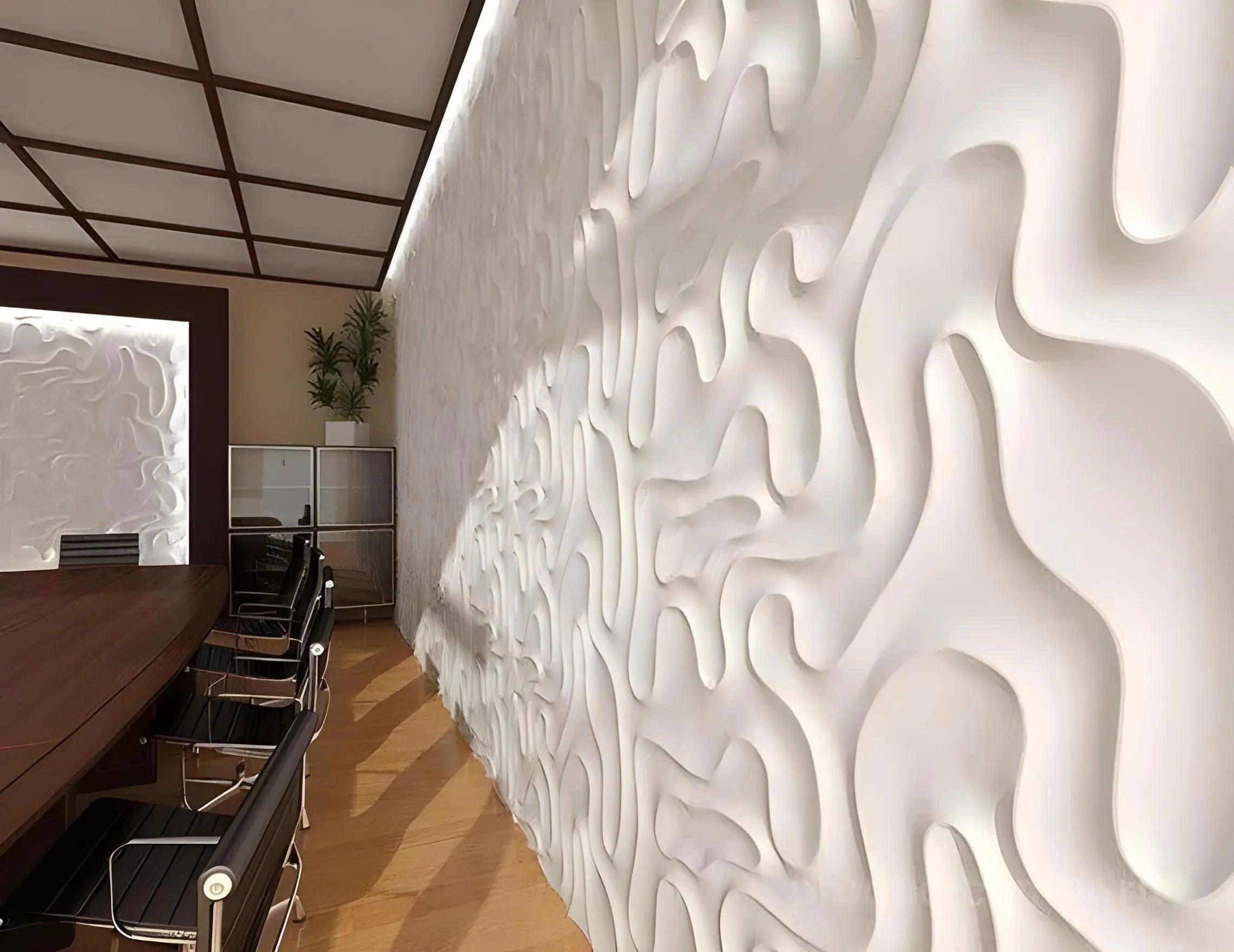 3d wall panel gypsum waves smoke liquid design Swiss quality meeting room white feature wall