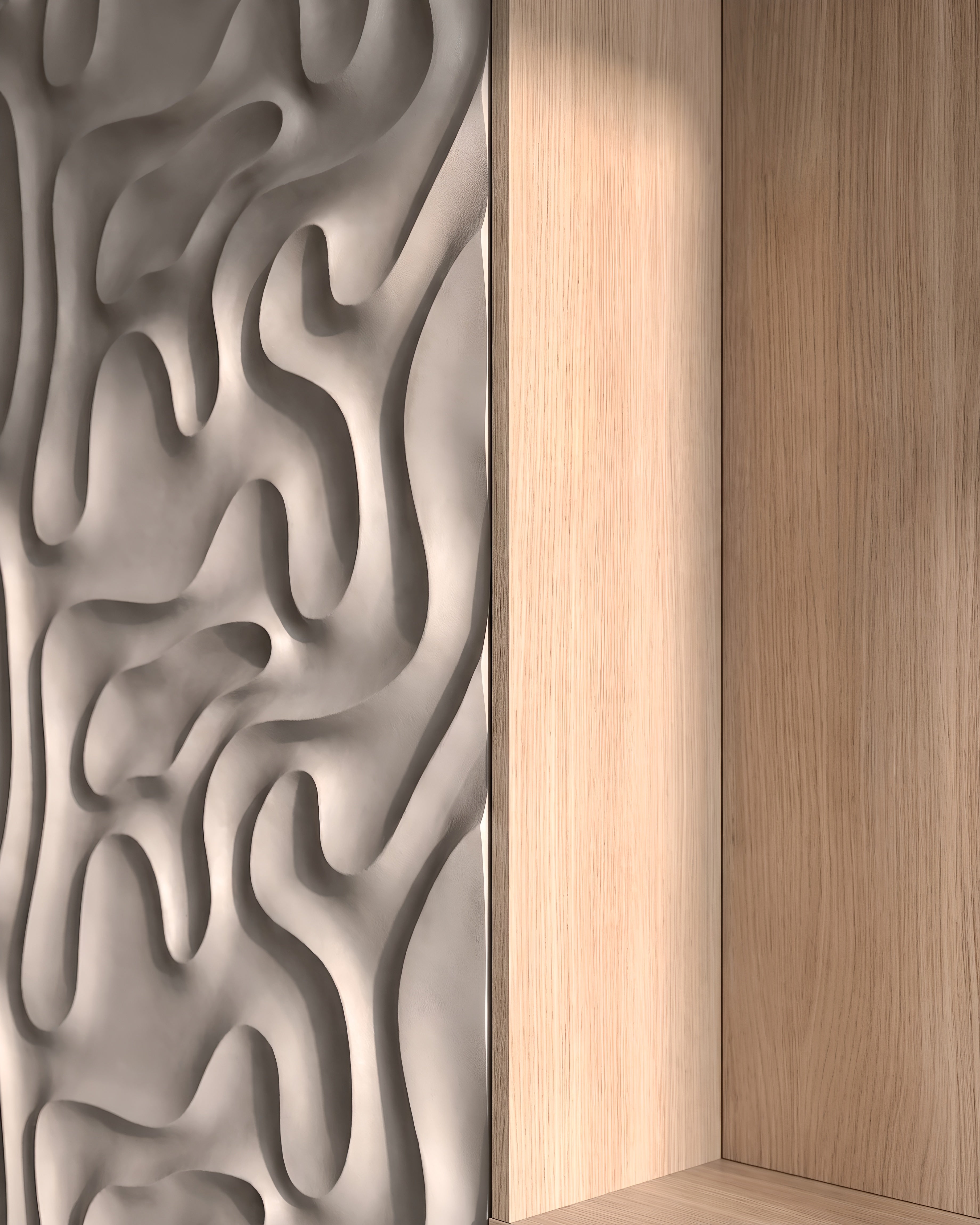 MYSTIC 0136 gypsum 3D wall panel relief meeting light oak wall panelling