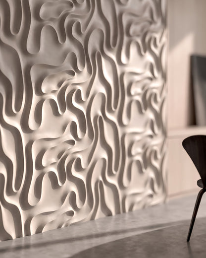 MYSTIC 0136 gypsum 3D wall panel texture close up with flowing organic relief