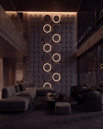 COSMIC 0212 LED gypsum 3D wall panels glowing in a dark living room at night