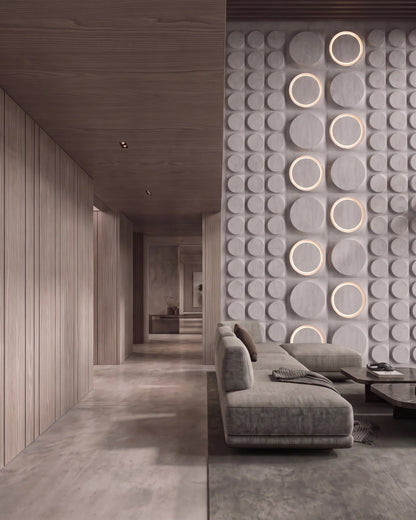 COSMIC 0312 gypsum 3D wall panel discs in daylight, close view of the relief