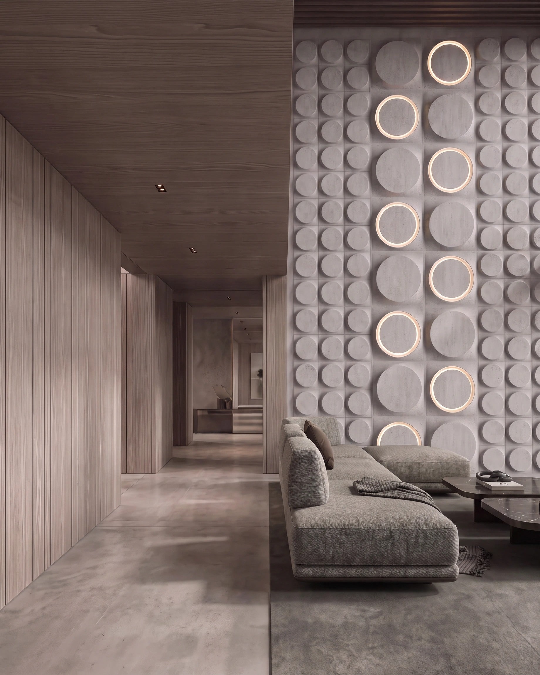 COSMIC 0412 gypsum 3D wall panel relief in two disc sizes, daylight close view