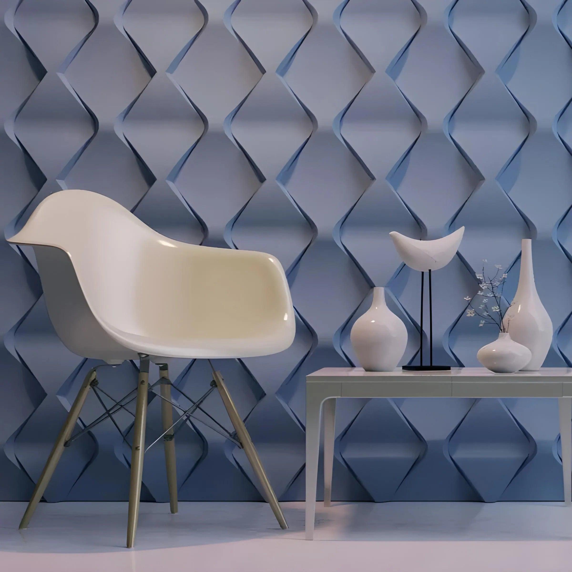 3d porcelain plaster wall coverings, rhomb diamond pattern, scale pattern, three dimensional wall art, waiting room office interior design blue wall