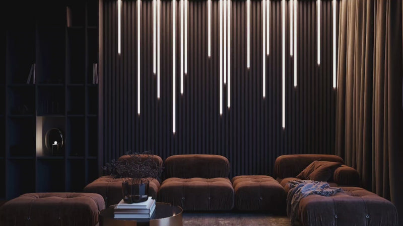 Video depicts use of 3D Wall Panels with optional integrated LED lighting in dynamic setting of TV wall Living Room